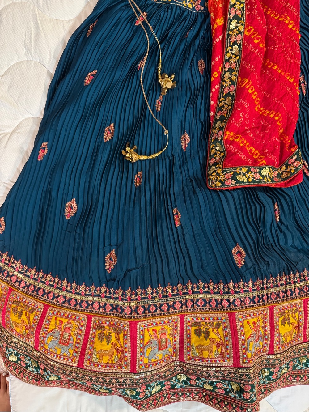Embroidered Teal Chaniya Choli Lehenga Choli Skirt with bandhani dupatta
